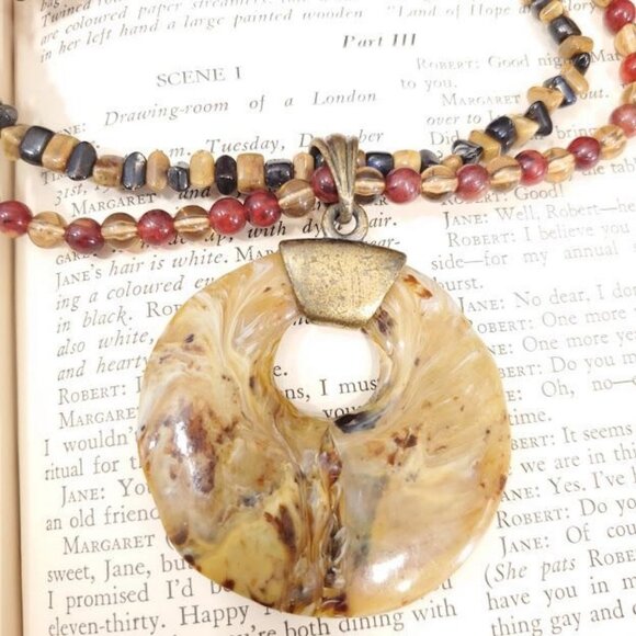 90s Natural Stone & Large Pendant Necklace Chakra Healing Donut Bead Layered - Picture 1 of 6